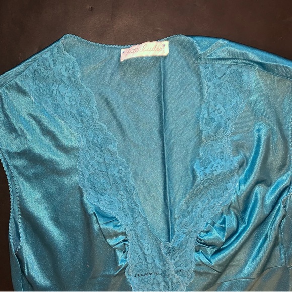 v i n t a g e :: Teal Full Sweep Lace Slip Dress Nightgown Satin Nylon ILGWU - Picture 5 of 11